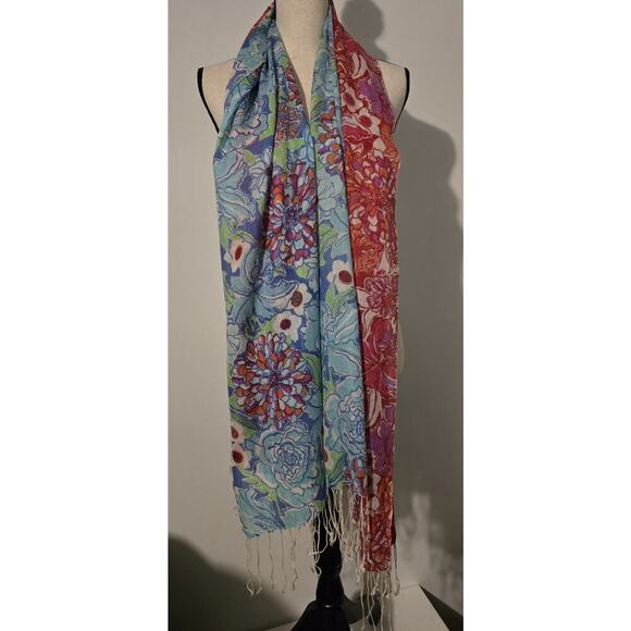 Lilly Pulitzer Murfee Scarf 51%Silk 49% Cashmere Gorgeous Floral & Fringe 78x28 - Picture 4 of 7